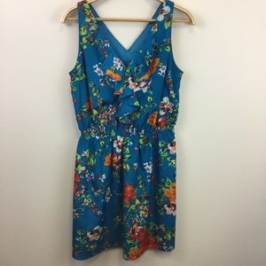 🎁 Express Teal Floral Print Dress Ruffle Neck - M